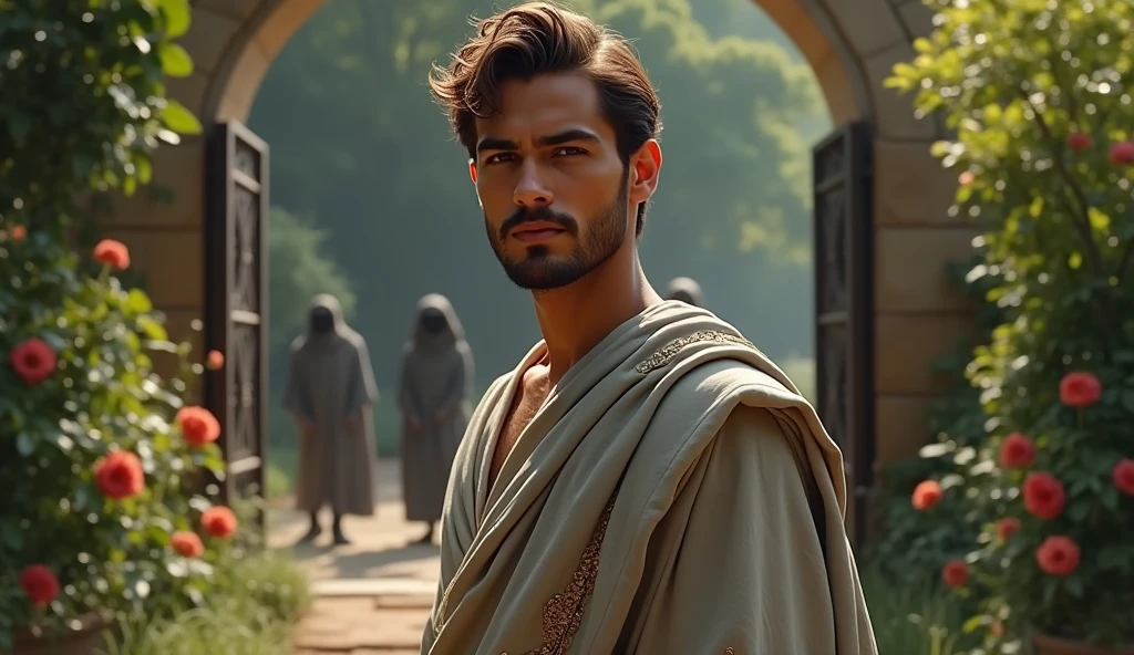 “Full-body shot of the young Stoic philosopher, around 2, stands in a serene garden, symbolizing the mind’s sanctuary. He possesses a well-proportioned and attractive physique, with slightly tanned skin. His very short, well-trimmed beard and wavy, well-styled hair. He is dressed in a classic tunic in soft earthy tones of gray, with subtle gold details, which fall gently on his body, subtly revealing his shoulder. He is standing in a serene garden. He is closing a symbolic gate that separates the well-maintained garden from a shadowy area where indistinct negative figures stand. The philosopher’s expression is serious and determined, focusing on the action of securing the gate. The garden is detailed and vibrant, while the negative figures in the background are dark and blurred. The scene emphasizes the importance of setting boundaries to protect inner peace.”