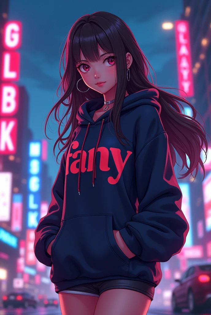 Create a character anime, {background: capital text “GLBK”, night city}, tanned skin,
realistic, HDR, beautiful, japan style, full body, use piastol, age 20, hoodie HD text: “FANY”, female, long hair