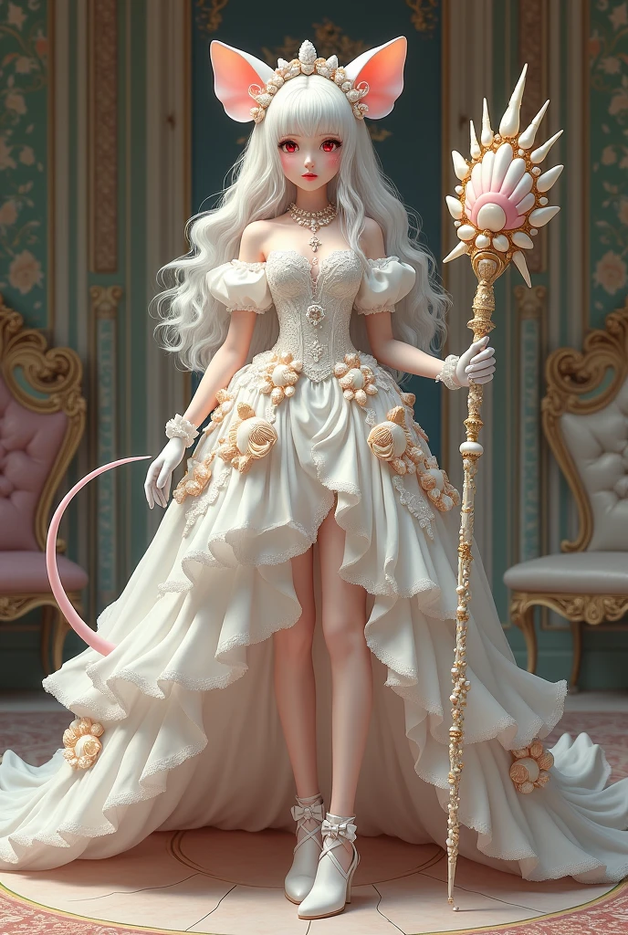 (best quality,4k,8k,highres,masterpiece:1.2), ultra-detailed, Pretty albino girl has a princess, drawn in 2D anime style, steampunk, wearing a iridescent turquoise and white princess gown with puffy sleeves, steampunk, gorgeous frilly dress design,flowing gown, elaborate lace details,rich textures,contrast stitching,delicate ribbon bows, seashells embroidery, full skirt with ocean wave pattern,short sleeves,fitted waistline,flared cuffs,lace-up back,luxurious fabrics,flawless silhouette, long curly white hair and red eyes, white fur, smiling, mouse ears and tail, ribboned high heels, white elbow evening gloves, gold bracelets, tiara made of seashells, beautifully detailed lips with lipstick, long eyelashes, eyeshadow, seashell necklace, in a castle bedroom with intricate decoration and luxurious furniture, flower wallpaper, she is holding a magic staff made of seashells and pearls.