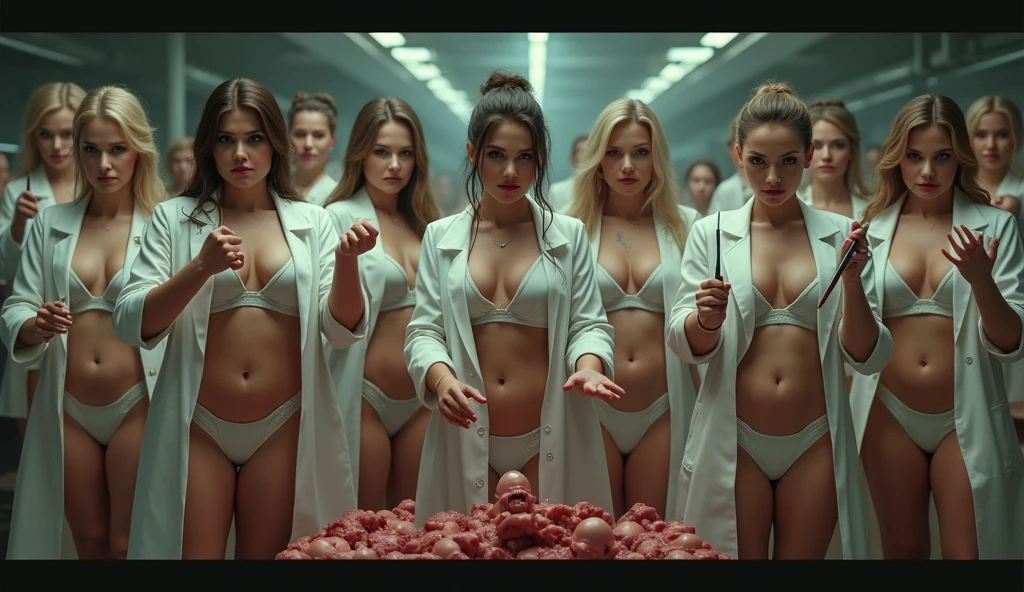 Beautiful busty women in revealing and provocative white coats are stationed in groups, mechanically sorting the real babies that are being sent one after another to a meat company's meat processing plant, into good and bad. They grab the real babies' feet, hang them upside down, and with cruel smiles on their faces, toss the ones they judged to be bad into a waste chute. In their other hands they hold long sorting knives. The seductive and voluptuous women all turn to glare at the viewer, and then flash a mad, devilish smile with their seductive faces that evoke the sensuality of immorality. , looking at us, pov, devilish smile