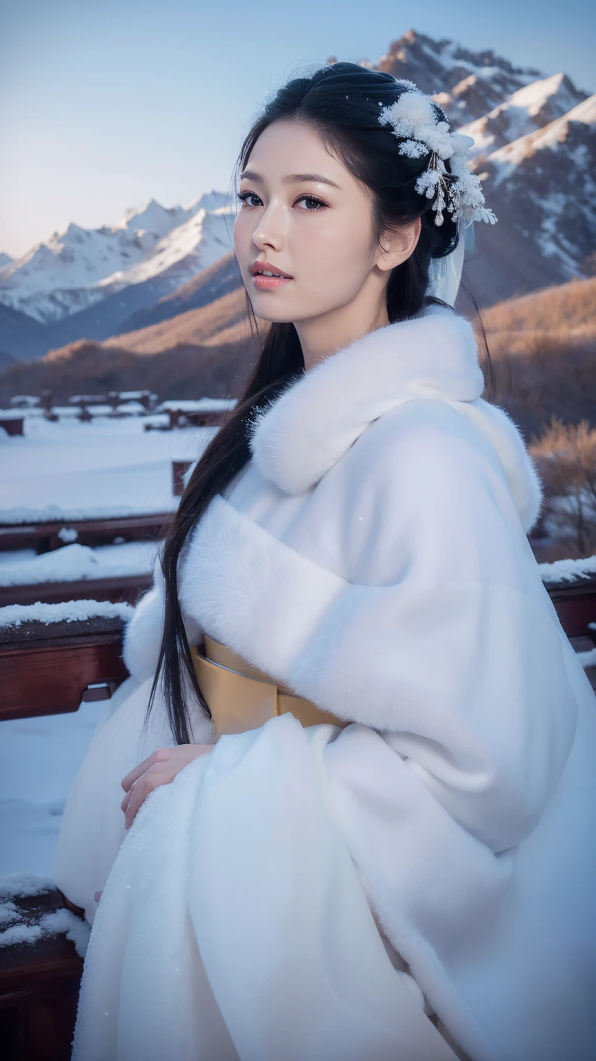1 Fashion Model [[[[close up]]]], [[[[neck]]]], [[[[Shoulder]]]], (((Complete head)))，(((Complete hairstyle)))，Perfect eyes, Perfect Iris，Perfect lips，Perfect Teeth，Perfect skin，White skin，Soft headlights，High-density imaging，Black long hair，（Clean and delicate face），((White fur winter hanfu))，((Half-length photo))，((Snow mountain in the background))，((winter))，((Various dynamic poses))，((Snow mountain in the background))，best quality，masterpiece，（Soft colors：1.2）