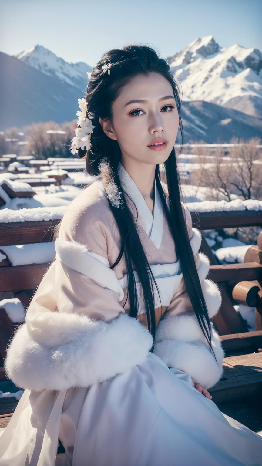 1 Fashion Model [[[[close up]]]], [[[[neck]]]], [[[[Shoulder]]]], (((Complete head)))，(((Complete hairstyle)))，Perfect eyes, Perfect Iris，Perfect lips，Perfect Teeth，Perfect skin，White skin，Soft headlights，High-density imaging，Black long hair，（Clean and delicate face），((White fur winter hanfu))，((Half-length photo))，((Snow mountain in the background))，((winter))，((Various dynamic poses))，((Snow mountain in the background))，best quality，masterpiece，（Soft colors：1.2）