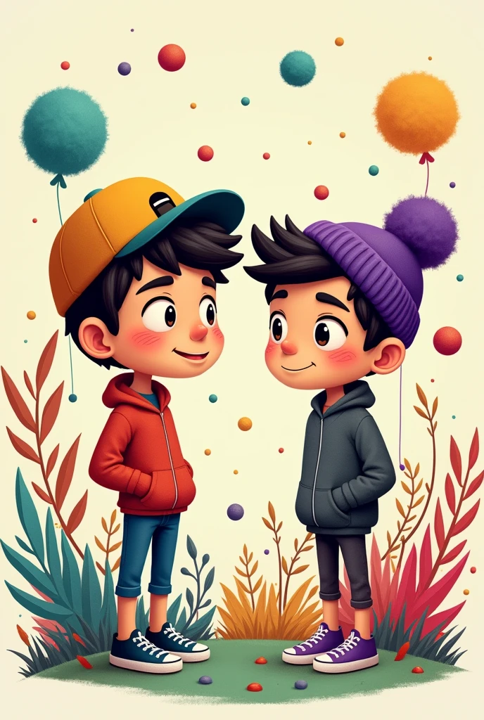 agers one with a cap and the other with a purple beanie in cartoon tag