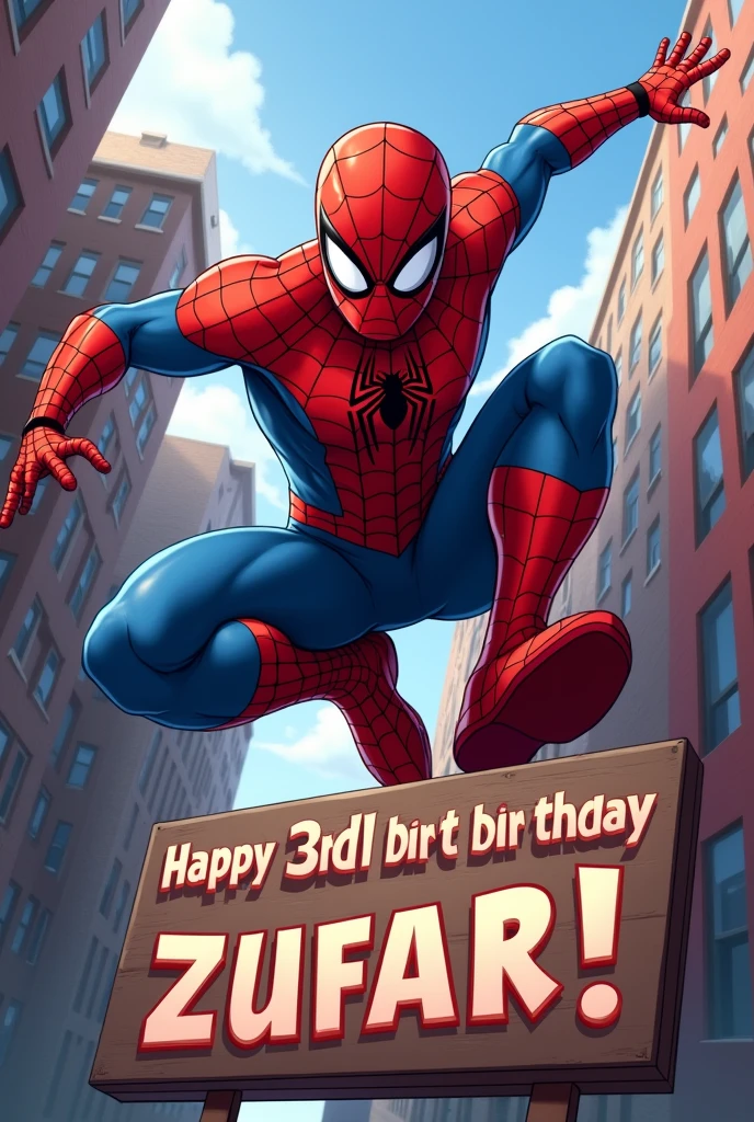 Spiderman on action and hold board state "Happy 3rd Birthday Zufar!"