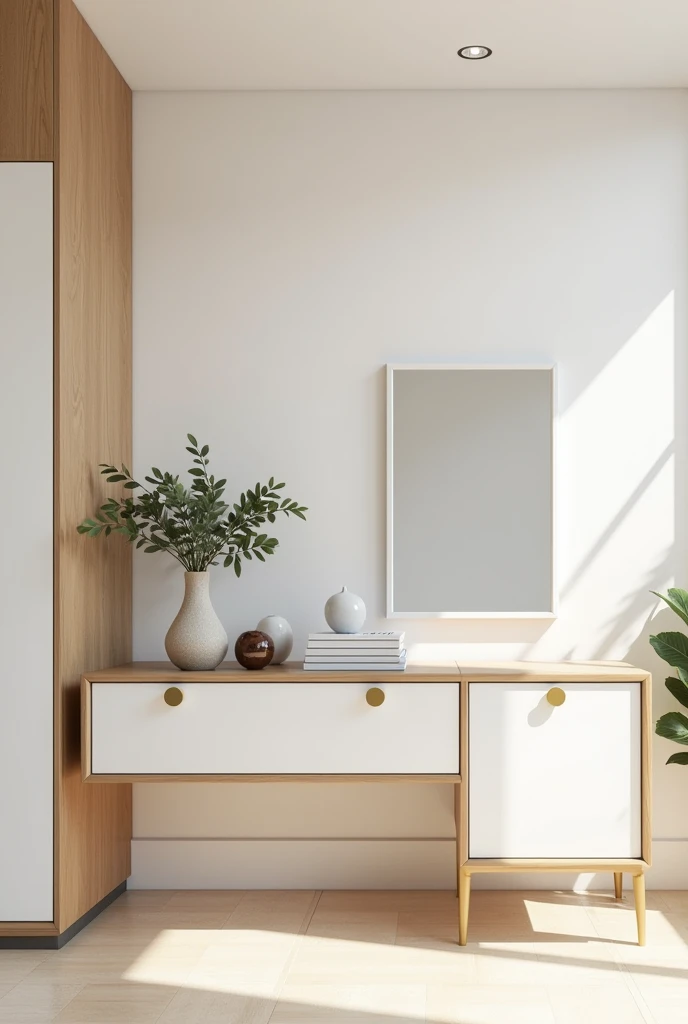 Dressing table and TV shelf, Modern and gold professional 3d architectural design Model design for matte white and light wooden dressing table with example and white wall and elegant accessories, mirror white and light laminate flooring