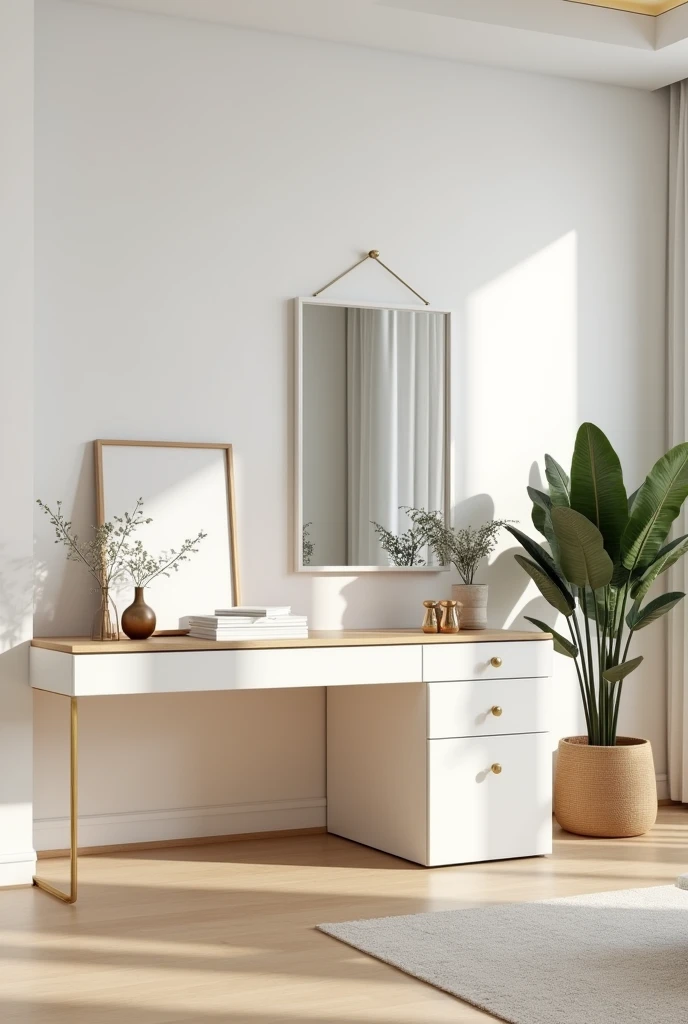 Dressing table and TV shelf, Modern and gold professional 3d architectural design Model design for matte white and light wooden dressing table with example and white wall and elegant accessories, mirror white and light laminate flooring
