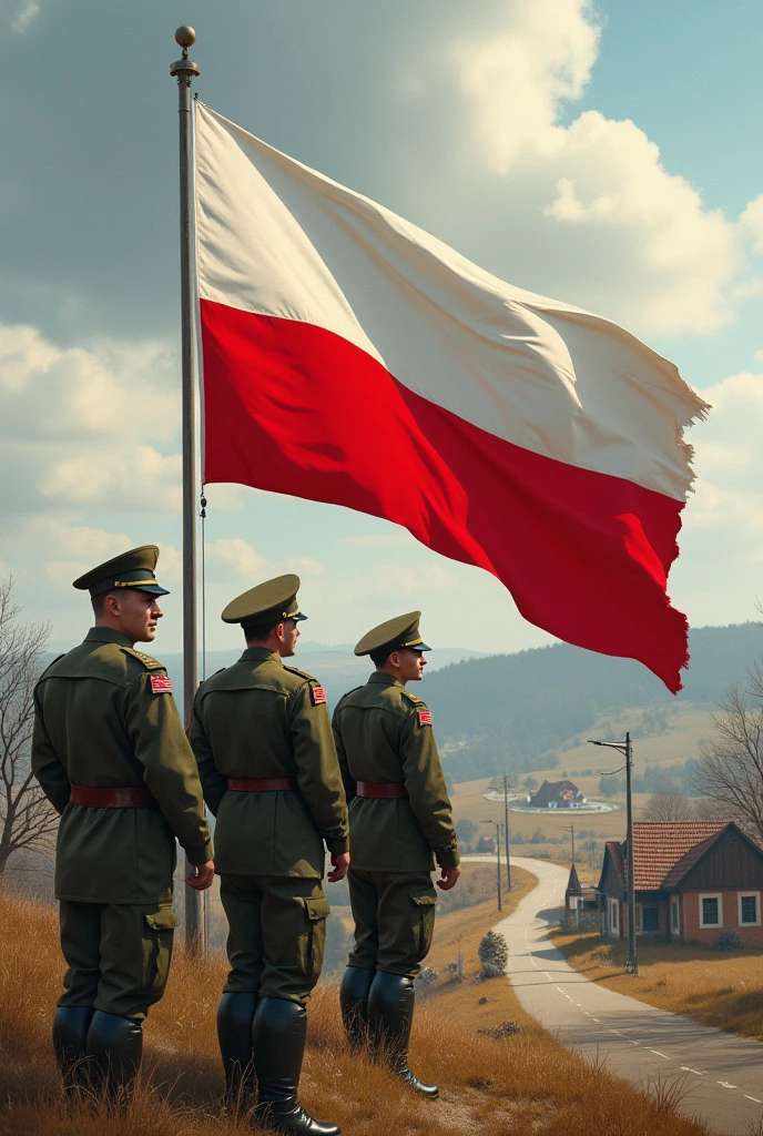 Create art, where Belarusian soldiers pose over a village with a flag, colors white red and white, without any embroidery, without a coat of arms and a purely vertical white-red-white flag behind them there is a road sign with the text Medvezhye-Sankovo