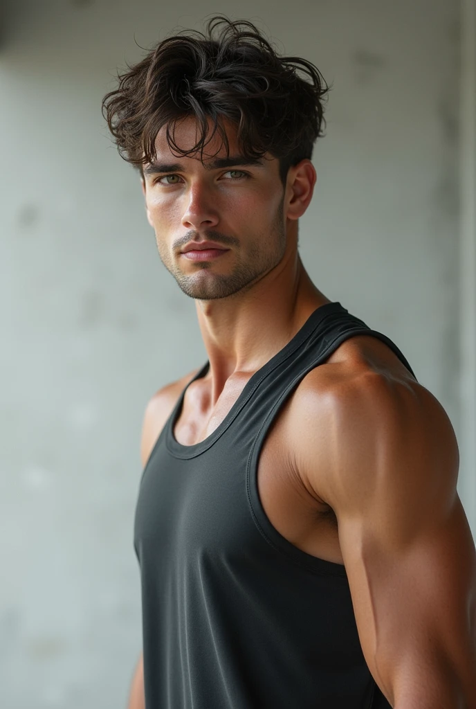 White male model with very pale skin, muscular, slender and athletic, medium-length light brown hair, dark green eyes, with great charisma