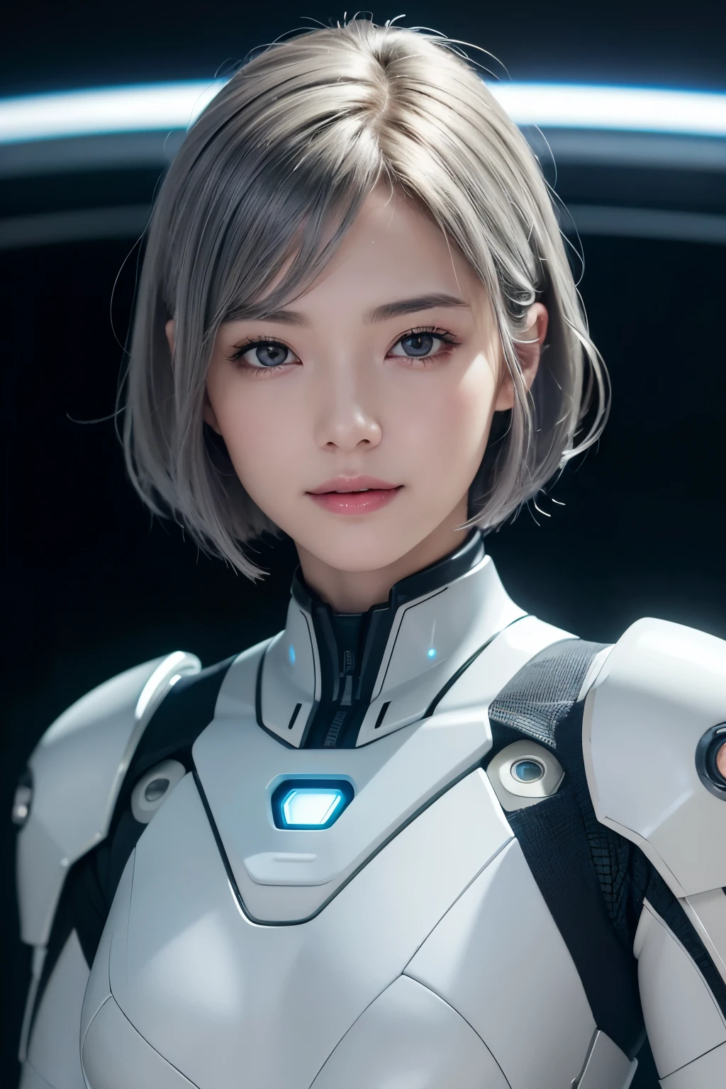 (masterpiece、Photorealistic、Super detailed)、Beautiful woman、Realistic skin and detailed hazel eyes、A Little Smile、Dark silver-gray rough short bob hair、White mechanical space suit with precise structure、Small Bust、A spacious and bright control room inside the spacecraft、Bioluminescence、Fiber Optic LED、The monitor shows a forecast of the typhoon&#39;s path across the Japanese archipelago.、