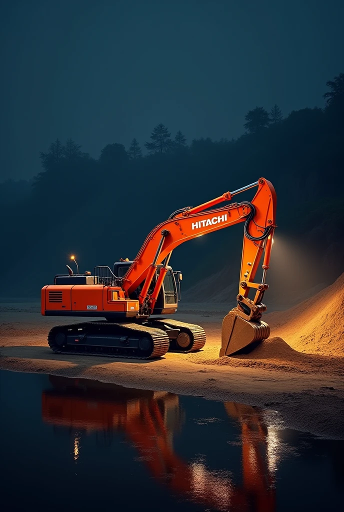 Hitachi loading sand into a truck from river at night in india