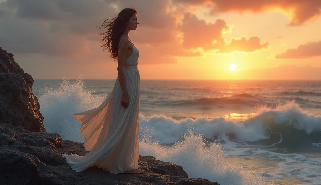retrato realista "Create an image of a woman standing on the edge of a rocky cliff overlooking the ocean at sunset. The woman, named Marina, appears deep in thought, her expression a mix of sadness and determination. She is dressed in a long, flowing dress that catches the wind, her hair also flowing freely in the breeze. The sky behind her is painted in hues of orange and pink, with the sun low on the horizon. The waves crash against the rocks below, adding a sense of tension and drama to the scene. The atmosphere should convey a sense of inner turmoil and the weight of a difficult decision."