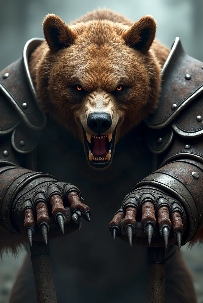 close up face angry warrior bear, open claws on display, attacking, battle armor, attacking com a pata, armed with an axe