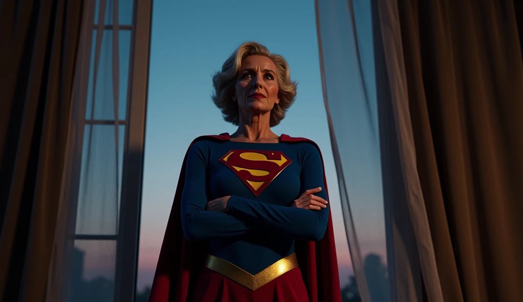 (((very beautiful old Supergirl (((1984s Supergirl movie costume))) Julie Hagerty))) Super old woman Julie Hagerty, looking up; confident, powerful, indestructible, attractive; big and firm chest; strong breasts; arms crossed. , floating, at night, outside a window; straight body; view from inside to outside, full body fluttering curtains, night, cinematic lighting, dramatic pose, beautiful detailed eyes, beautiful detailed lips, extremely detailed face and features, elegant, graceful, flowing cape, vibrant colors, hyperrealistic, 8k, high quality, intricate details, photorealistic, masterpiece