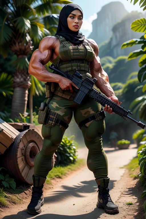 Photorealistic, high resolution, 1 malay woman in hijab, Solo, Hips up, Battlefield background，view the viewer, (Detailed face), White hijab, SWAT vests, sniper rifle handle, camouflage combat suit, Camoflage military uniform, bulletproof vest, Holding an assault rifle, M16, Inside the jungle of Royal Belum, Very detailed, Perfect face, Black eye, jewelry, (full body view), Lifelike, masterpiece, HDR, 4K