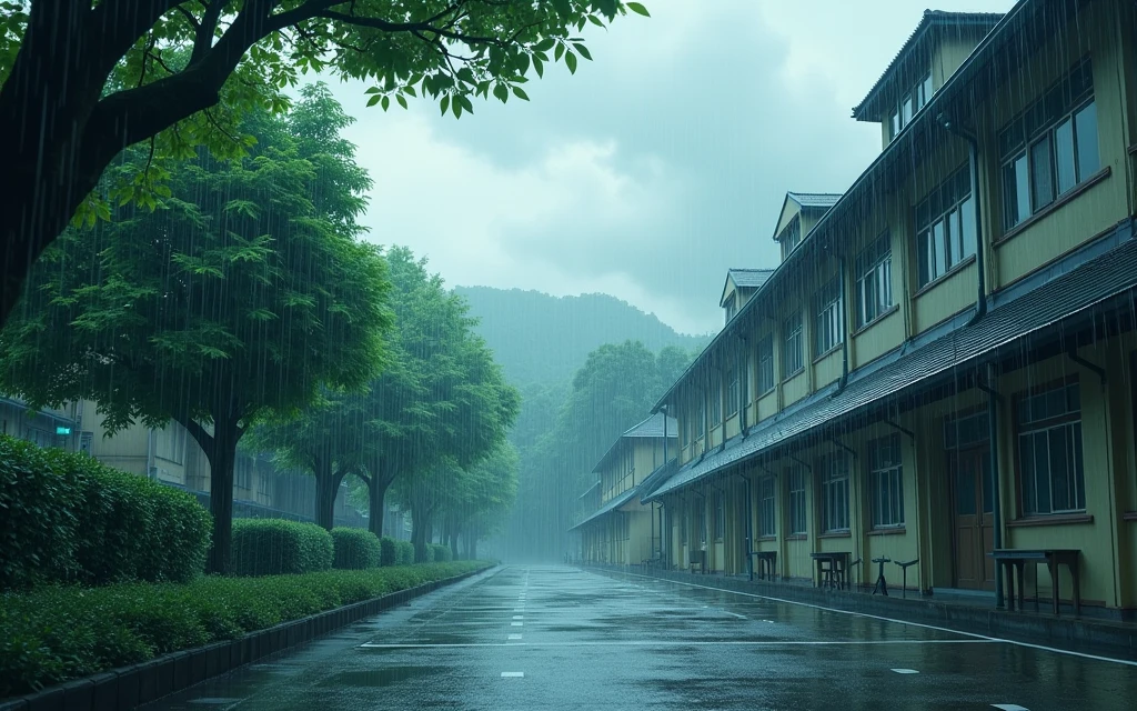 japanese school yard, no people, raining, day, clouds, In the style of Makoto Shinkai。master piece, ultra detail, precision, ultra-realistic,