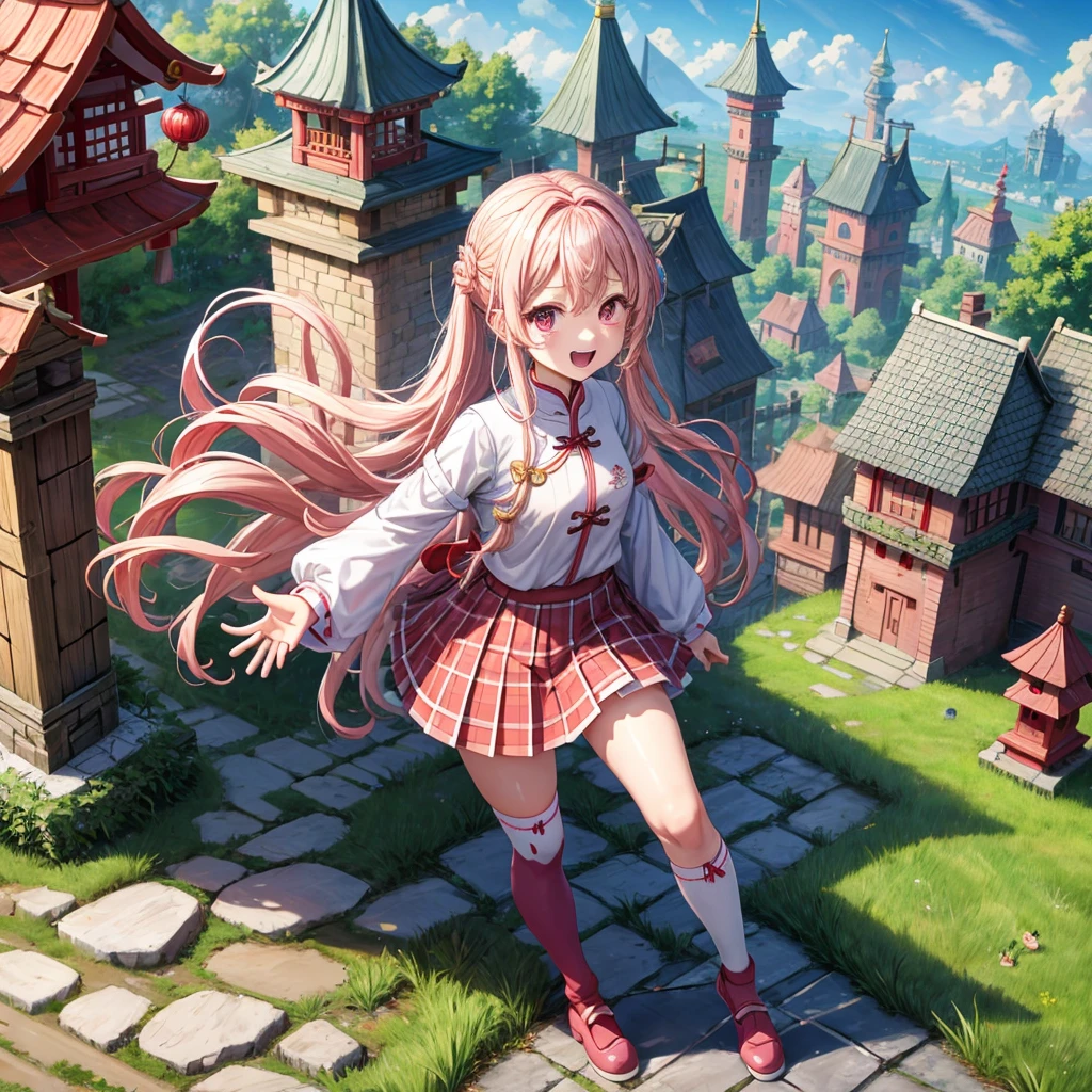 Pink Blonde、Red eyes、Wavy Hair、Hair tied up、Two cute、Checked mini skirt、China、Knee-high socks、Teeth are visible、Monster Castle、Tilting face、grass、Stones are growing out of the ground.、In front of the city gates、Underground tunnels、Wooden bridge、The stone is cracked、Ashura Statue、Giant wood、There is a step on the ground、Piglets in a String