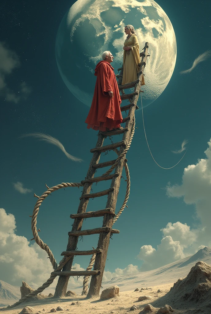 A very tall ladder whose height is from the ground to the top of the moon.
The ladder is mounted on the top of the moon from the ground, spinning the old thread of the moon on the moon.
Up on the ladder is an old man, wearing a red robe, talking to the old lady of the moon.