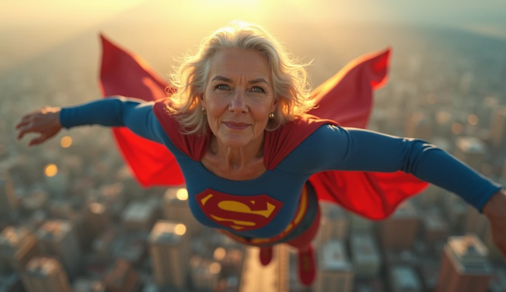Supergirl Julie Hagerty(((very beautiful old Supergirl (((1984s costume))); Julie Hagerty))) Super old woman Julie Hagerty looking up; looking up, confident, powerful, indestructible, attractive; big and firm chest, floating high above the city, sunlight streaming through the clouds, dramatic pose, cinematic lighting, colorful cityscape below, gritty urban environment, intricate details, hyper-realistic, 8k, cinematic, dramatic, grandiose, superhero, flying, cape flowing, muscular, confident, powerful, determined expression, glowing eyes, lens flare, volumetric lighting, cinematic camera angle, dramatic shadows and highlights, photorealistic, vibrant colors, highly detailed, masterpiece