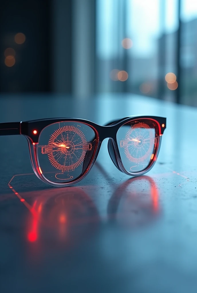 Generate a picture of vein scanner eyeglasses with visible on lenses scanner. No person