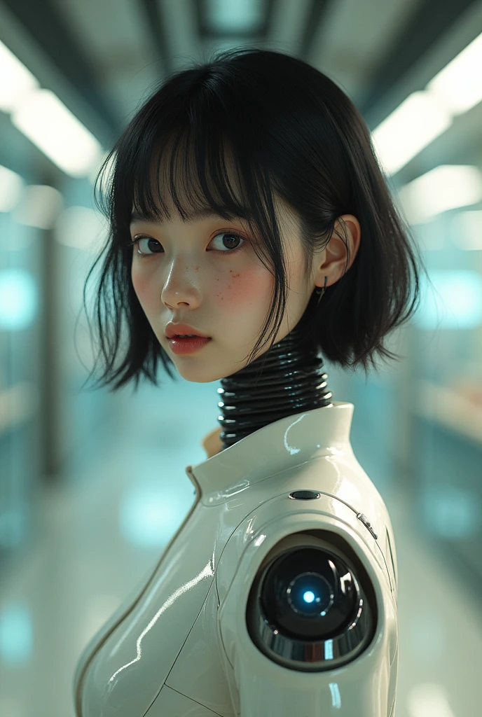 Hajime Sorayama, 90s, laboratory, fashion woman, portrait of her robot girl , freckle,HD facial features, F4, 35mm, photography, natural light , bright