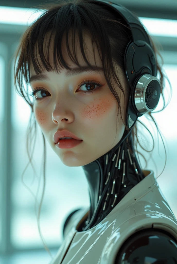 Hajime Sorayama, 90s, laboratory, fashion woman, portrait of her robot girl , freckle,HD facial features, F4, 35mm, photography, natural light , bright