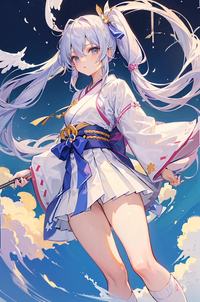 (((Highest quality))(((One person)))(Anatomically correct)(long side ponytail 1.4),Turned this way, Angelic,((Small breasts))(Young)((Large wings))((Japanese god&#39;s kimono))Long Blonde 2.0((Wields the legendary red two-handed sword))((Purple Eyes))Universe 1.8、There is a galaxy in the background