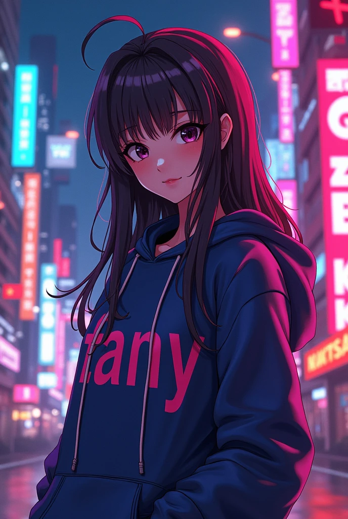 Create a character anime, {background: capital text “GLBK”, night city}, tanned skin,
realistic, HDR, beautiful, japan style, full body, use piastol, age 20, hoodie HD text: “FANY”, female, long hair