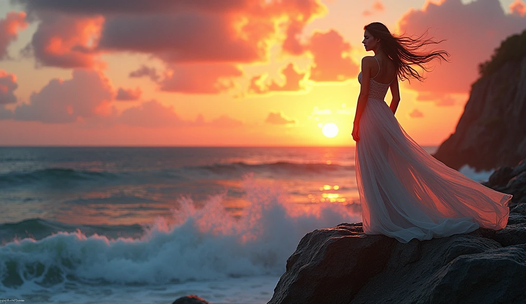 retrato realista "Create an image of a beutiful woman standing on the edge of a rocky cliff overlooking the ocean at sunset. The woman, named Marina, appears deep in thought, her expression a mix of sadness and determination. She is dressed in a long, flowing dress that catches the wind, her hair also flowing freely in the breeze. The sky behind her is painted in hues of orange and pink, with the sun low on the horizon. The waves crash against the rocks below, adding a sense of tension and drama to the scene. The atmosphere should convey a sense of inner turmoil and the weight of a difficult decision."