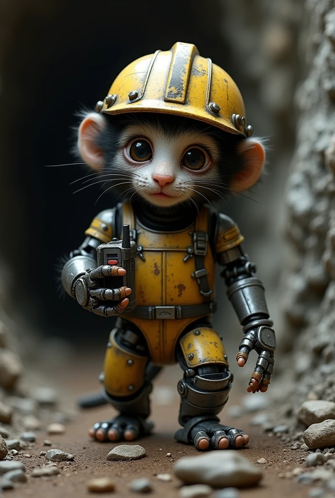 Tarsius robot works in a mine wearing a helmet while holding a walkie-talkie