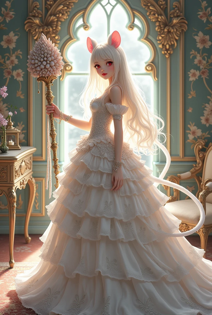 (best quality,4k,8k,highres,masterpiece:1.2), ultra-detailed, Pretty albino girl has a princess, drawn in 2D anime style, steampunk, wearing a iridescent turquoise and white princess gown with puffy sleeves, steampunk, gorgeous frilly dress design,flowing gown, elaborate lace details,rich textures,contrast stitching,delicate ribbon bows, seashells embroidery, full skirt with ocean wave pattern,short sleeves,fitted waistline,flared cuffs,lace-up back,luxurious fabrics,flawless silhouette, long curly white hair and red eyes, white fur, smiling, mouse ears and tail, ribboned high heels, white elbow evening gloves, gold bracelets, tiara made of seashells, beautifully detailed lips with lipstick, long eyelashes, eyeshadow, seashell necklace, in a castle bedroom with intricate decoration and luxurious furniture, flower wallpaper, she is holding a magic staff made of seashells.