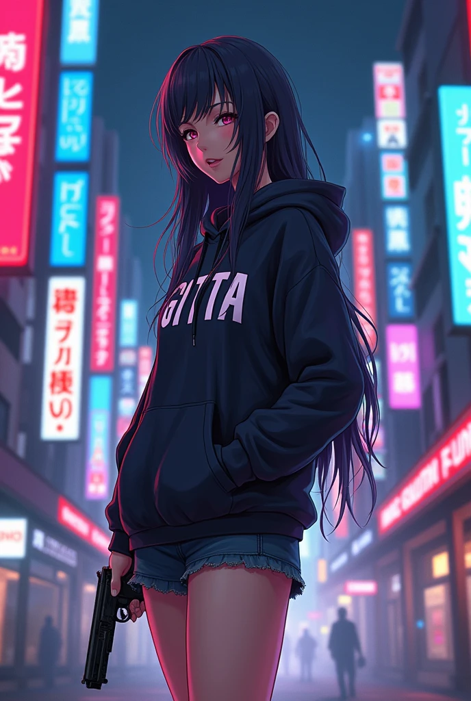 Create a character anime, {background: capital text “GLBK”, night city}, tanned skin,
realistic, HDR, beautiful, japan style, full body, use piastol, age 20, hoodie HD text: “GITTA”, female, long hair