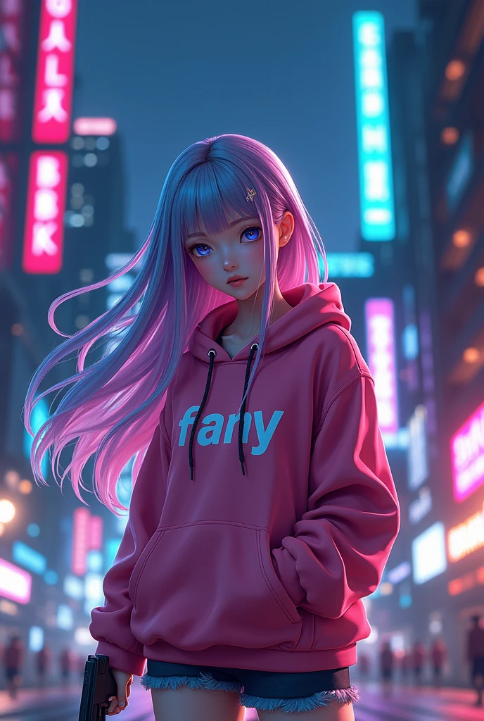 Create a character anime {{background: capital text:“GLBK”, night city}}, 
tanned skin, realistic, HDR, beautiful, japan style, full body, use piastol, age 20, hoodie HD text: “FANY”, female, long hair, color hair: gradient pink-blue