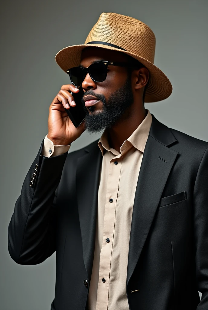 Photo 1 : jeune homme d’affaires de la trentaine ,black complexion,tall,with beards , habille en gandoura kirdi tisser en laine et chapeau tissée aussi , who is talking on the phone and he is wearing very dark black glasses