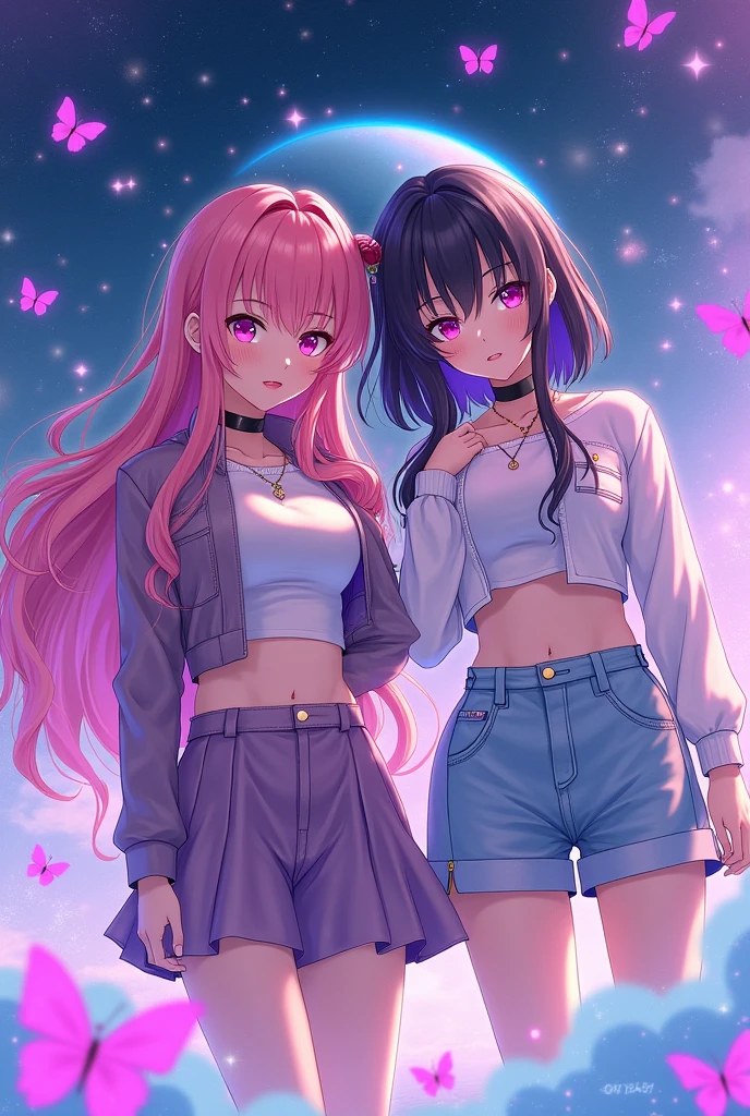 girl hair pink LARGE with black, eyes pink and friend girl hair black with purple , butterflies purples and blue particles , anime HD , oufit futurista, crop top, match icon, atmosphere with stars HD