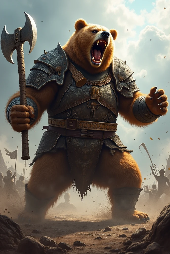 angry warrior bear, open claws on display, attacking, battle armor, attacking com a pata, armed with an axe