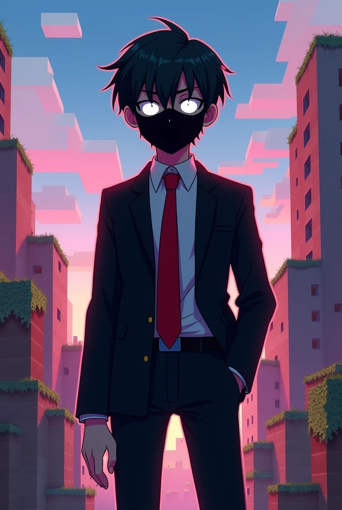 A boy wearing black jakat,looking , red tai,full face black mask on full face White eyes, mincraft theme, anime youtuber logo on bg