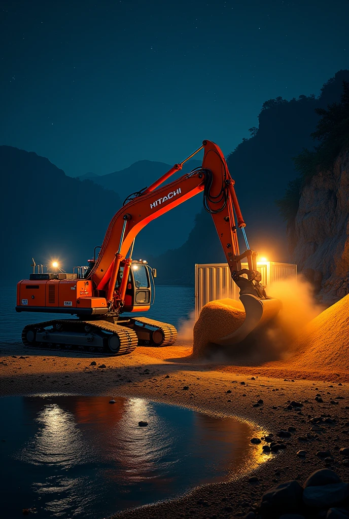 Hitachi loading sand into a many truck from river at night in india
