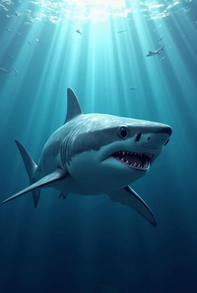 Great white shark under in blue water