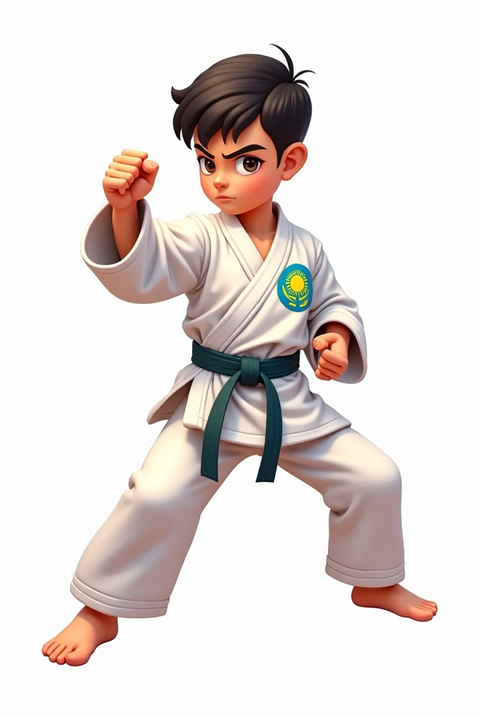 ((officially)) ((masterpiece)) ((Best quality)) ((detailed)) cartoon boy karateka in uniform with emblem flag of Kazakhstan in fighting stance on white background
