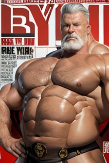 Hyperrealistic image of the cover of a bodybuilding magazine with two men posing as very muscular superheroes with grey hair, very old and very sweaty bodybuilder over 80 years old..very muscular and fat, He weighs more than 200 kilos with a naked torso., large and flaccid pectorals, Brown nipples and a big grey mustache at a bodybuilding tournament dressed in red latex thongs