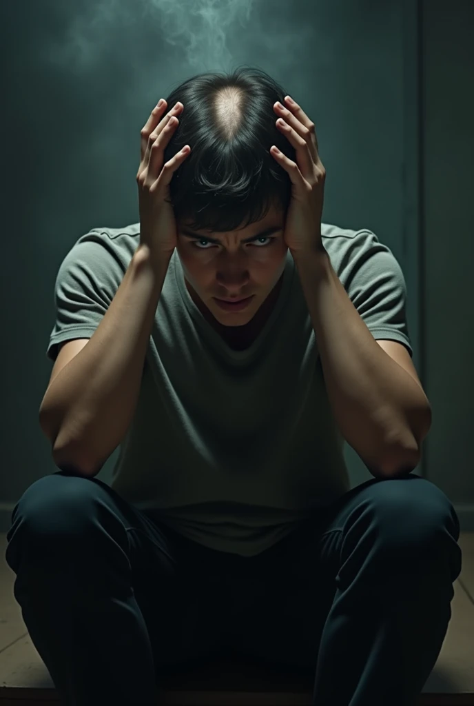 I&#39;m confused about the choice、Holding his head in his hands、The scalp is visible、Young people、male、Looks really spicy、Tears flowing、The room is dimly lit、Real