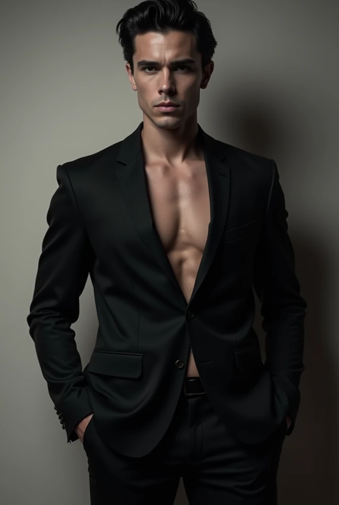 1 man, black hair, black eyes, black suit, tall, nice body, broad shoulders, expressionless, sexy, sensual, 2