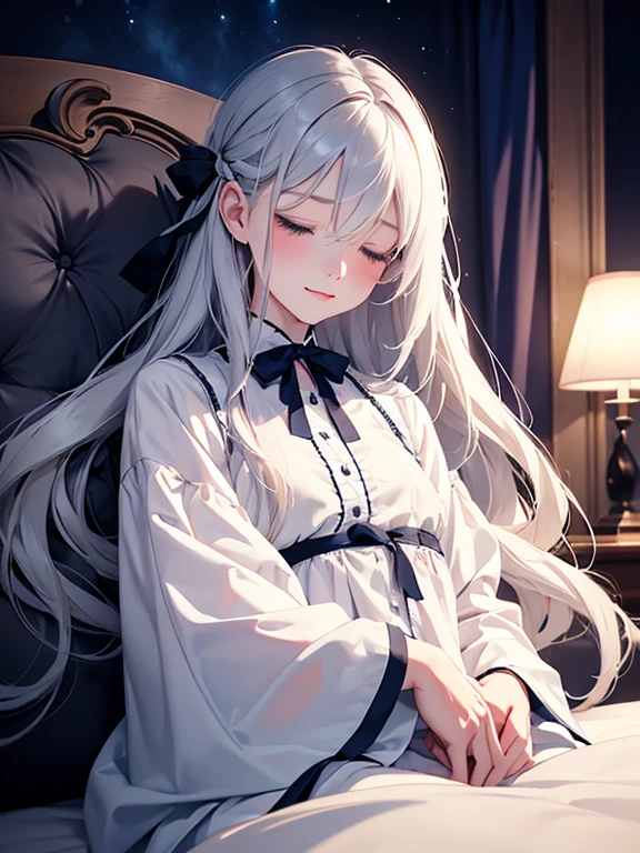 Dreaming pleasant，Lie down in bed with a slight smile、I closed my eyes and slept soundly、night、Sleeping in the room、1 girl,albino, cute, gray hair、beautiful, long hair, Blue eyes, hair with ribbon,night light ((8k, Hmm, surreal))、Shorten your hair