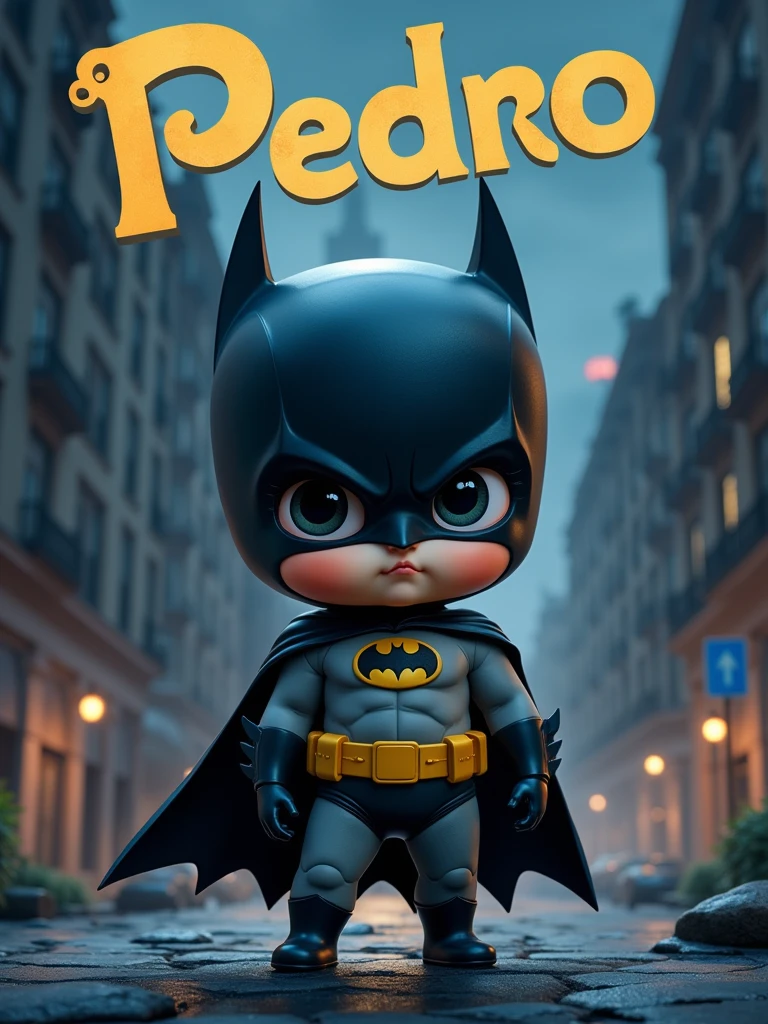 chibi batman with the title "Pedro" stylized written, disney movie cover style, dark city background, ultra realistic, cinematic lights