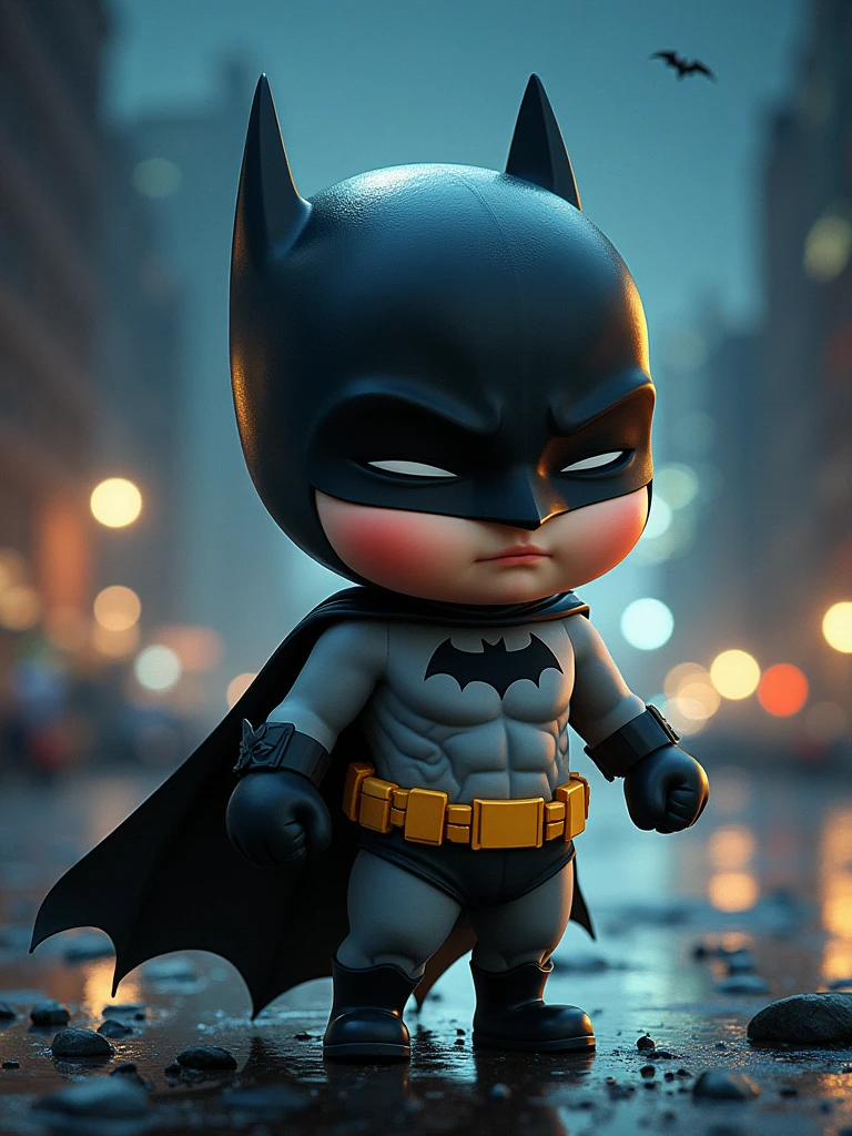 chibi batman with the title "Pedro" stylized written, disney movie cover style, dark city background, ultra realistic, cinematic lights