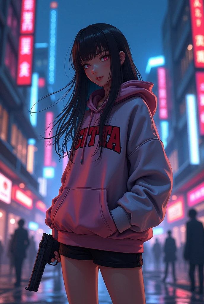 Create a character anime, {background: capital text “GLBK”, night city}, tanned skin,
realistic, HDR, beautiful, japan style, full body, use piastol, age 20, hoodie HD text: “GITTA”, female, long hair