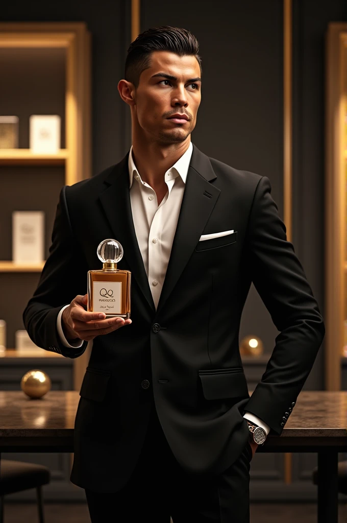 "Create an image of Cristiano Ronaldo in a sleek, modern setting, holding a luxurious perfume bottle with the 'IQRA Fragrances' logo prominently displayed. Ronaldo is dressed in an elegant, tailored suit, exuding confidence and charisma as he promotes the fragrance. The background features subtle hints of luxury, like a dimly lit, high-end boutique, with the focus on Ronaldo and the perfume bottle, showcasing the 'IQRA Fragrances' logo in gold. The overall mood should be sophisticated and aspirational, capturing the essence of the brand."