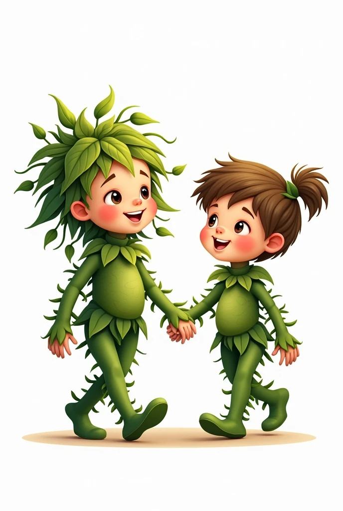 girl and boy as a plant, with plant like body happy and walking and white background, cartoon 2d