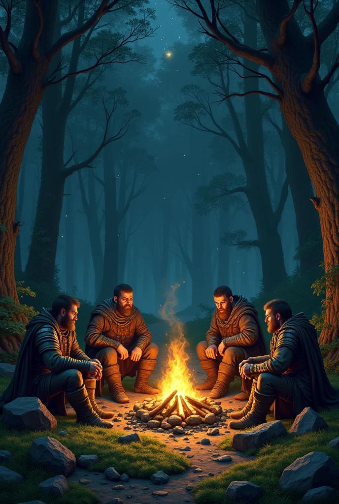 Are warriors sit in camping ,in forest at night, fantasy genre