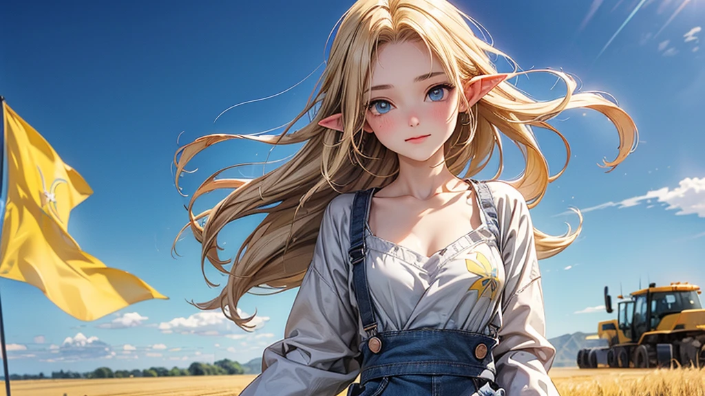 ((Masterpiece)), (Anime:1.5), ((best quality)), (RAW photo:1.2), (High Definition:1.3), (Professional Photography:1.2), (), (1girl), cute young girl, BREAK, (naughty face:1.3), (Beautiful daiamond eyes:1.5), (pale skin), elf girl, wearing Gray Workwear Coveralls, flat chest, slender waist, BREAK, (hair over eyes:1.2), Silky hair, medium hair, ((blond hair)), wearing Gray Workwear Coveralls, (in a wheat field among agricultural machinery), ((full length image of a girl)), ((low-cut neckline)), (open clothing in the chest area), ((Ukrainian flag on the background in the field)), Ukrainian flag on a flagpole, full length image of a girl, slender legs, (yellow-blue national flag of the state of Ukraine - (the upper part of the flag is blue, the lower part of the flag is yellow):1.5)